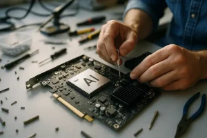 AI Processing Components arranged on a lab bench with chips and test boards