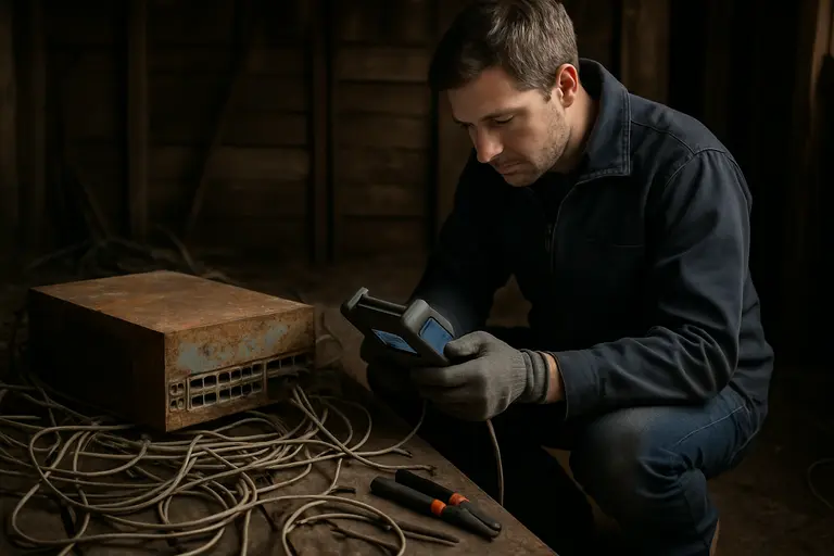 Older mobile device beside agricultural monitoring equipment in a shed
