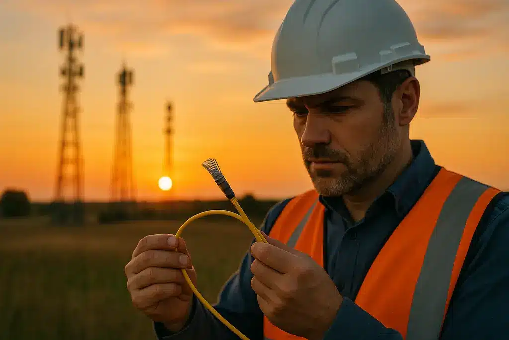 Rural 5G infrastructure tower overlooking fields and scattered homes