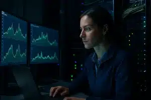 Data Center Energy control room with grid monitors and server racks