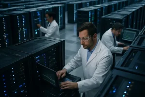AI data center operations dashboard monitoring power, cooling, and server workload signals